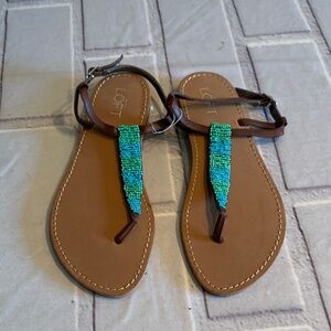 LOFT Tan Sandals with Blue Beaded Strap